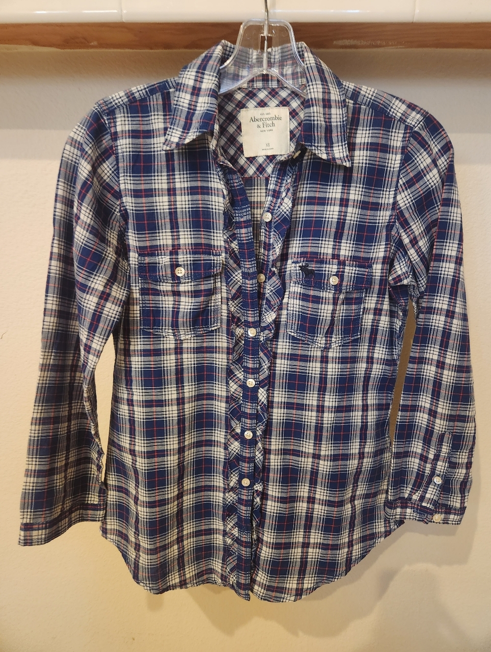 Abercrombie & Fitch Navy, Red and White Plaid Shirt with Ruffled Accents